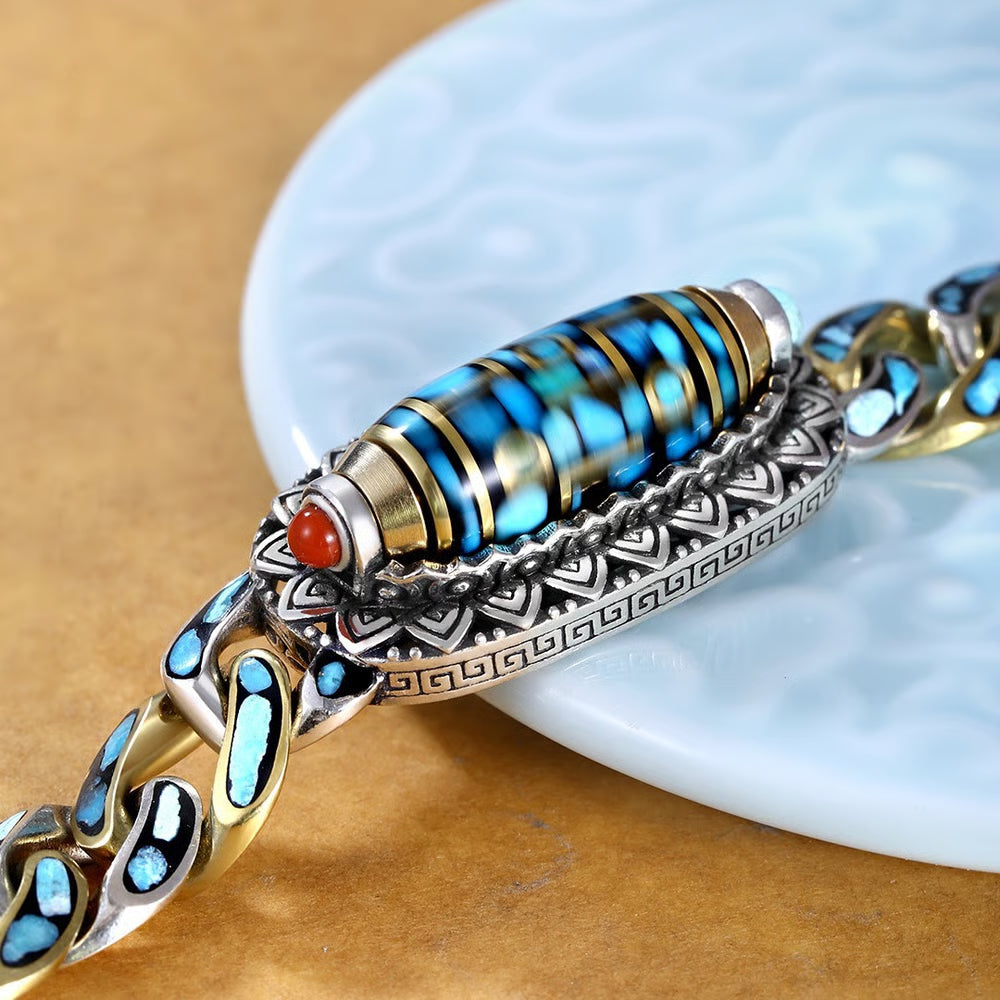 Turquoise Six-character Mantra Nine-eyed Dzi Bead Bracelet