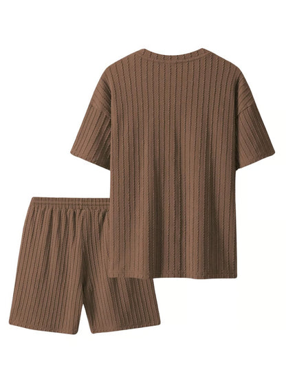 Men's Casual Textured Printed Short Sleeve Tee & Drawstring Waist Shorts Set
