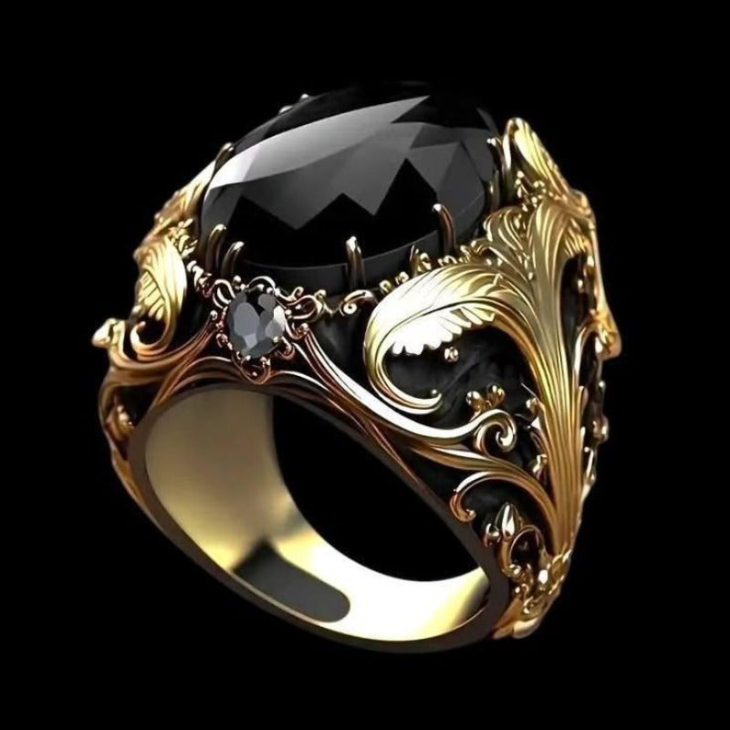 Engraved Mens Black Stone Ring