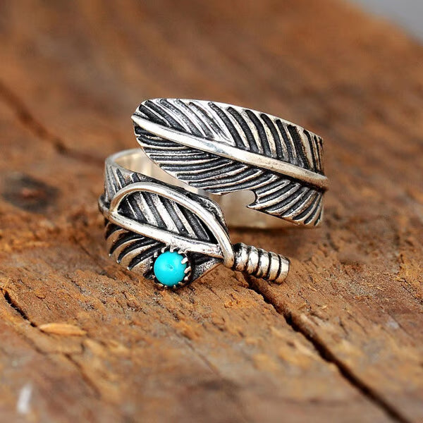 🔥 49% OFF🎁Boho Feather Turquoise Adjustable Ring