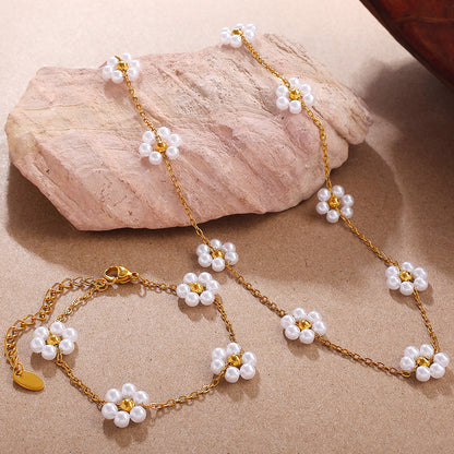 Exquisite Pearl Flower Necklace and Bracelet, Sweat-Resistant, Fade and Tarnish Proof