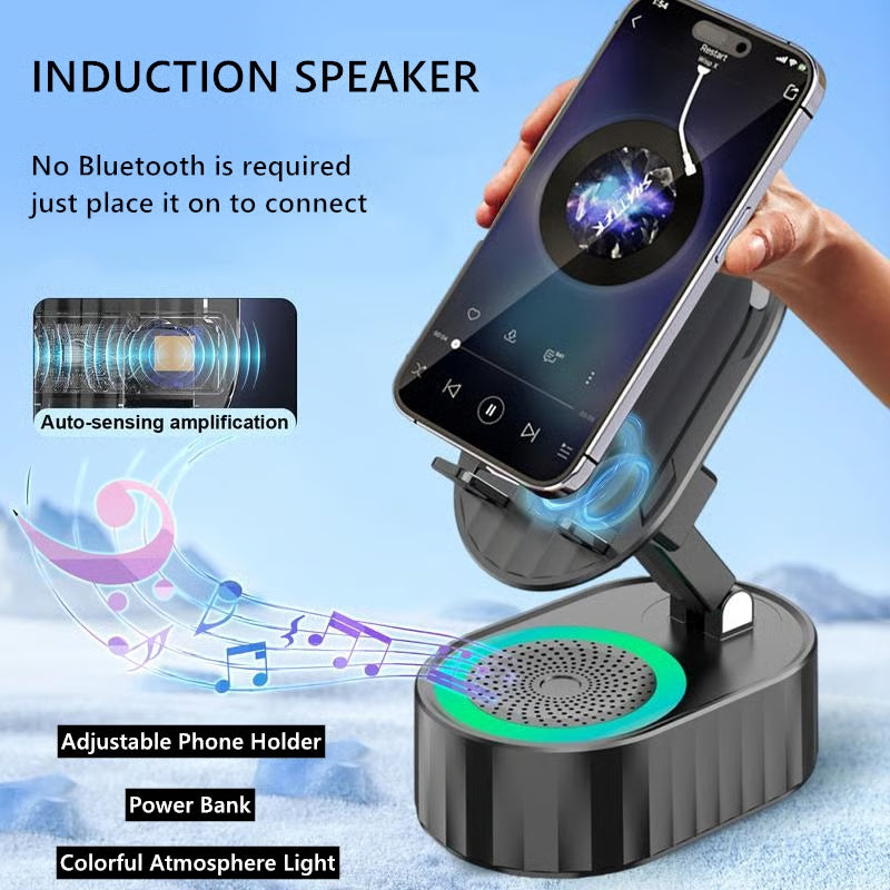 Cell Phone Stand with Induction Speaker/Power Bank/Atmosphere Light