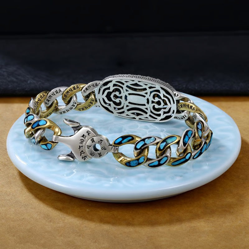 Turquoise Six-character Mantra Nine-eyed Dzi Bead Bracelet