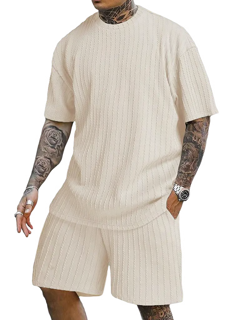 Men's Casual Textured Printed Short Sleeve Tee & Drawstring Waist Shorts Set