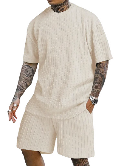 Men's Casual Textured Printed Short Sleeve Tee & Drawstring Waist Shorts Set