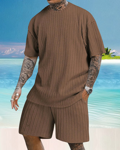 Men's Casual Textured Printed Short Sleeve Tee & Drawstring Waist Shorts Set