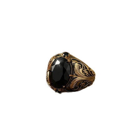 Engraved Mens Black Stone Ring