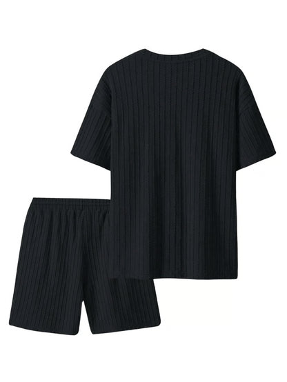 Men's Casual Textured Printed Short Sleeve Tee & Drawstring Waist Shorts Set