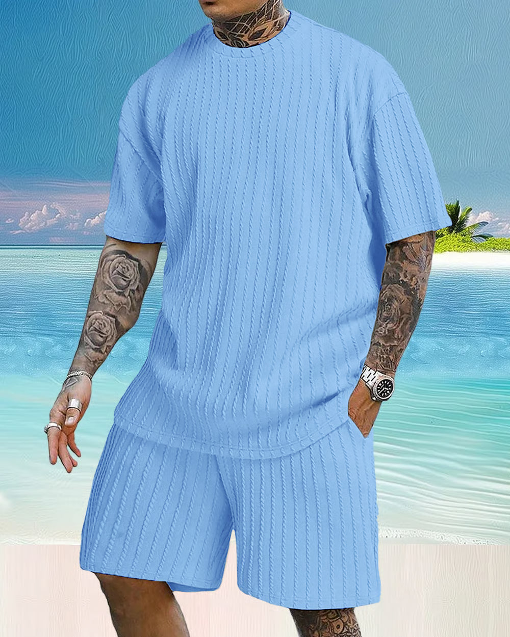 Men's Casual Textured Printed Short Sleeve Tee & Drawstring Waist Shorts Set