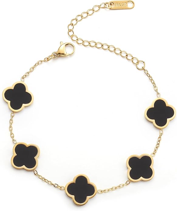 AIPPK 18K Gold Plated Clover Lucky Bracelet for Women White/Black/Red/Green Flower Four Leaf Link Bracelets Trendy Jewelry Gifts for Women
