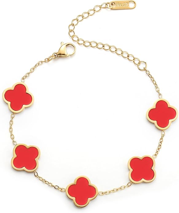 AIPPK 18K Gold Plated Clover Lucky Bracelet for Women White/Black/Red/Green Flower Four Leaf Link Bracelets Trendy Jewelry Gifts for Women
