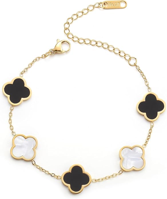 AIPPK 18K Gold Plated Clover Lucky Bracelet for Women White/Black/Red/Green Flower Four Leaf Link Bracelets Trendy Jewelry Gifts for Women
