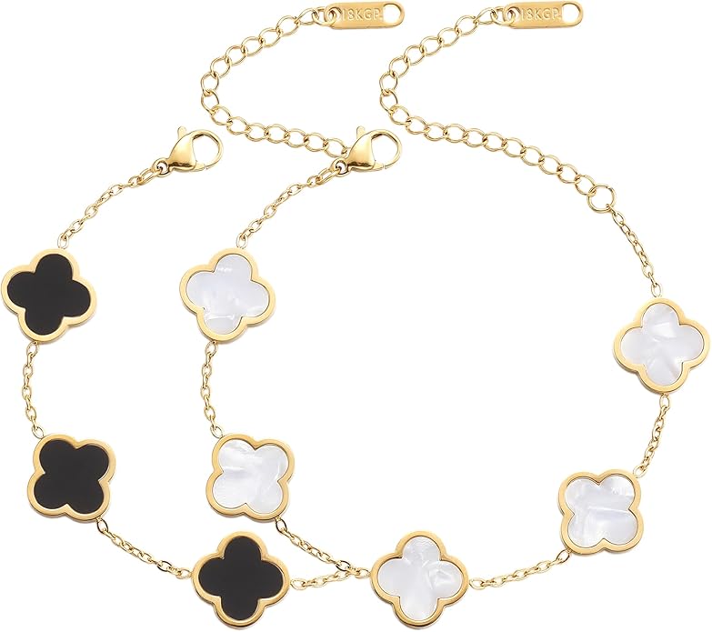 AIPPK 18K Gold Plated Clover Lucky Bracelet for Women White/Black/Red/Green Flower Four Leaf Link Bracelets Trendy Jewelry Gifts for Women