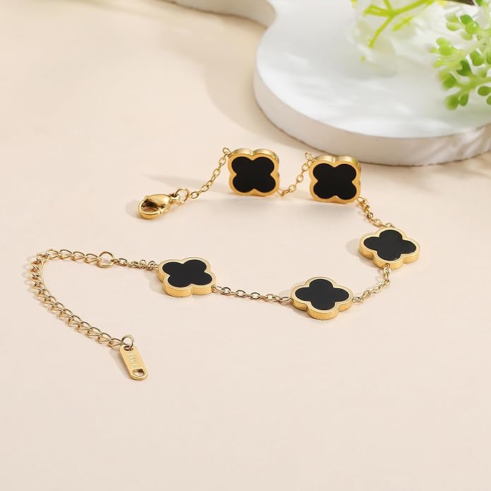 AIPPK 18K Gold Plated Clover Lucky Bracelet for Women White/Black/Red/Green Flower Four Leaf Link Bracelets Trendy Jewelry Gifts for Women