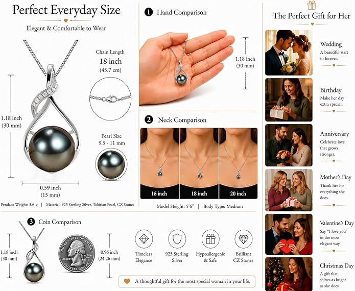NONNYL Gifts for Women Wife-Tahitian-Black-Pearl-Necklace-Gift for Wife Wedding Birthday Anniversary Jewelry-Mom Girlfriend Her Mothers Day Gifts for Mom Women Valentines Christmas Day