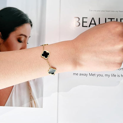 AIPPK 18K Gold Plated Clover Lucky Bracelet for Women White/Black/Red/Green Flower Four Leaf Link Bracelets Trendy Jewelry Gifts for Women