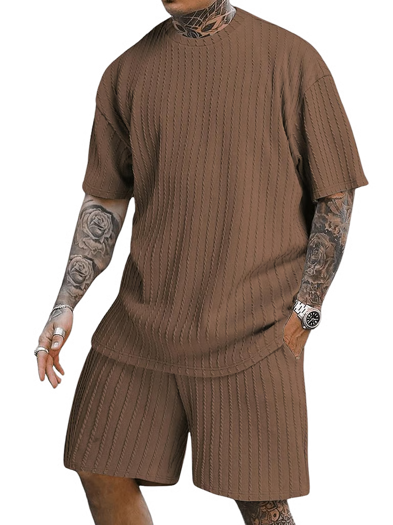 Men's Casual Textured Printed Short Sleeve Tee & Drawstring Waist Shorts Set