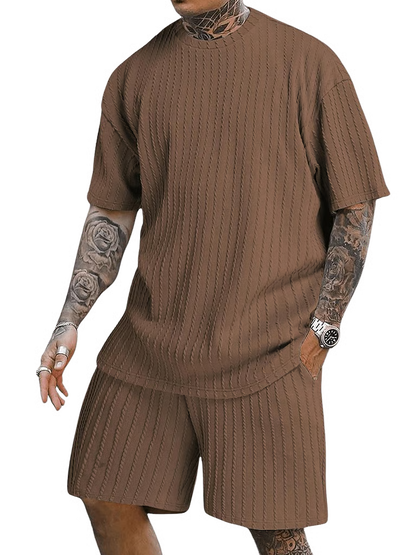 Men's Casual Textured Printed Short Sleeve Tee & Drawstring Waist Shorts Set