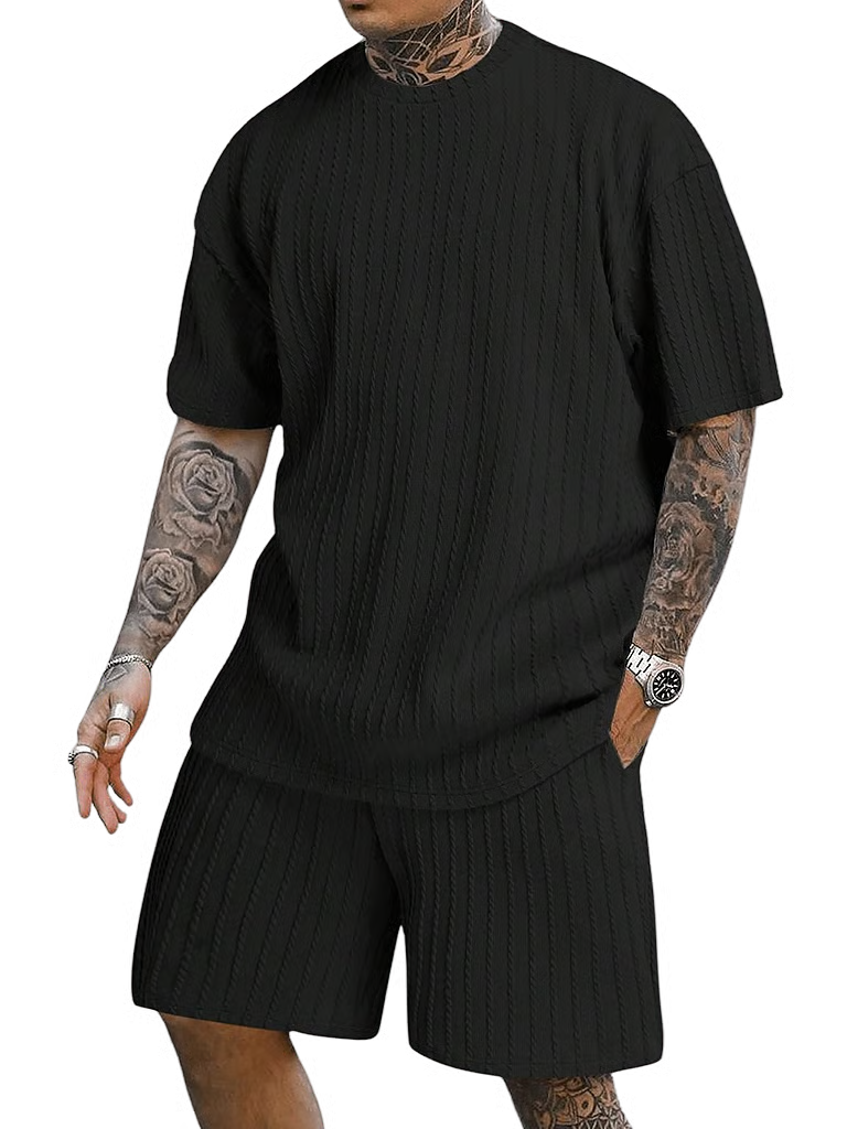Men's Casual Textured Printed Short Sleeve Tee & Drawstring Waist Shorts Set