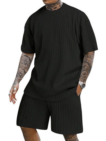 Men's Casual Textured Printed Short Sleeve Tee & Drawstring Waist Shorts Set
