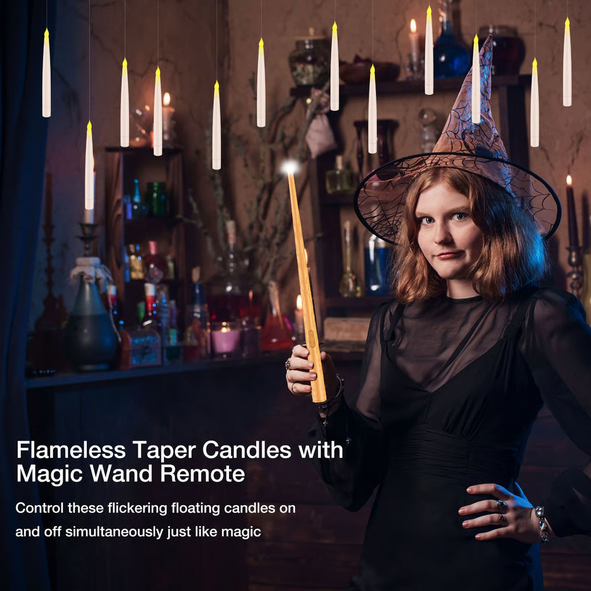 🧙Flameless Taper Floating Candle Lights, Halloween Hanging LED Candle For Home Window Furniture Decor