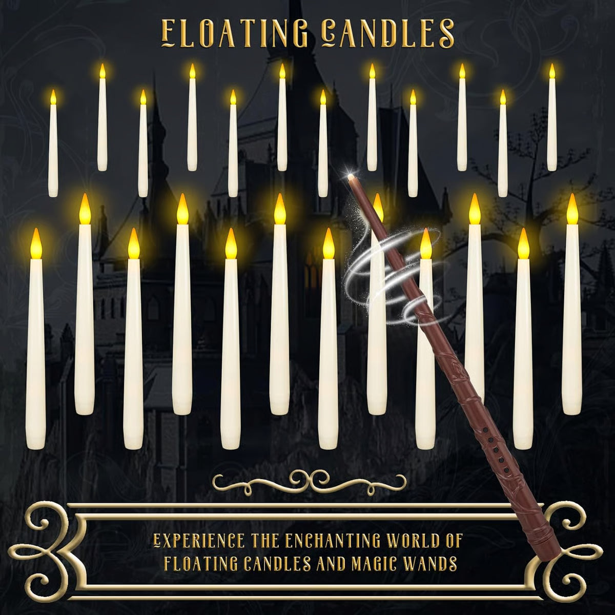 🧙Flameless Taper Floating Candle Lights, Halloween Hanging LED Candle For Home Window Furniture Decor