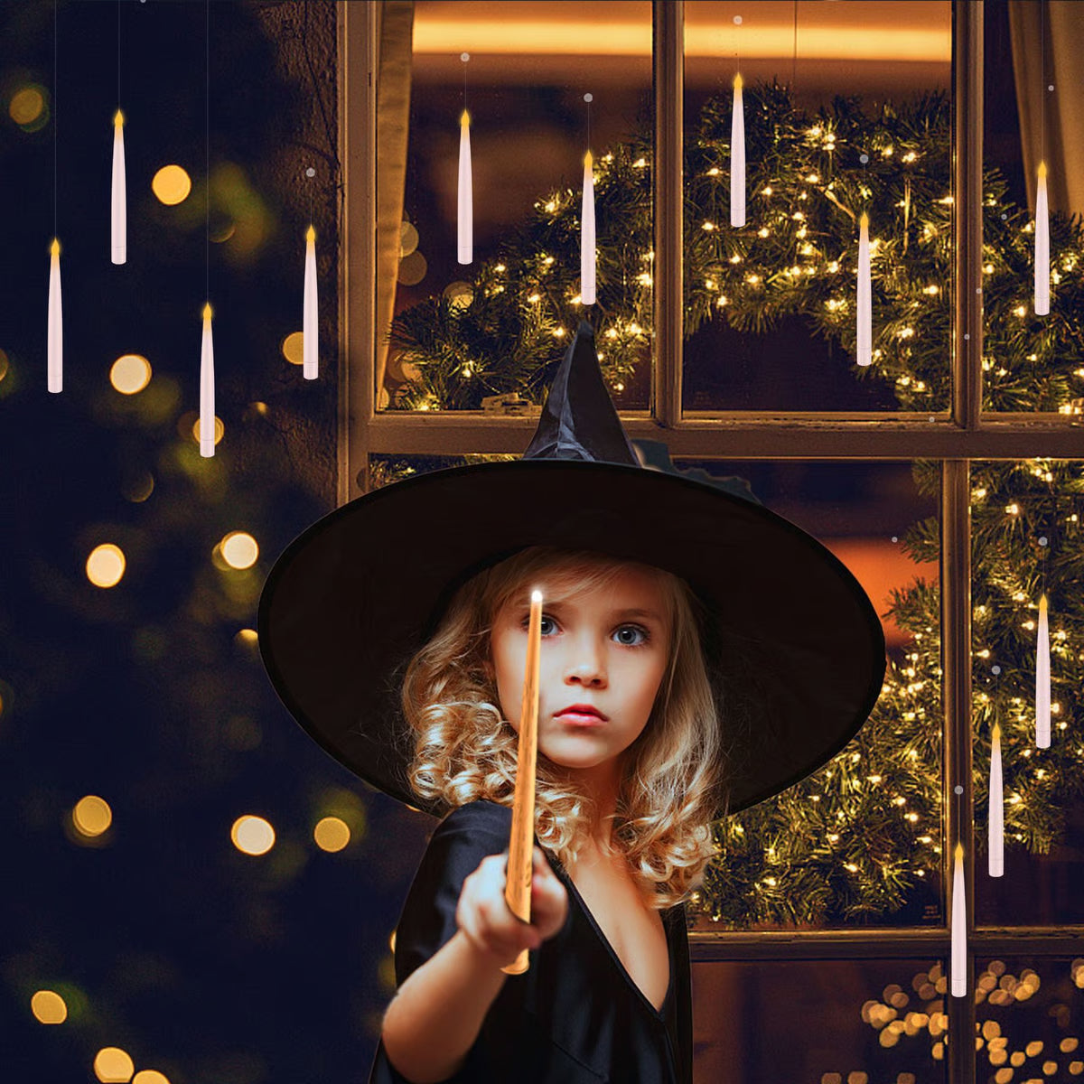🧙Flameless Taper Floating Candle Lights, Halloween Hanging LED Candle For Home Window Furniture Decor
