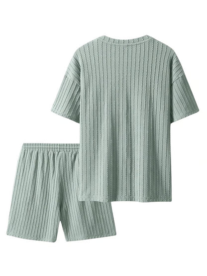 Men's Casual Textured Printed Short Sleeve Tee & Drawstring Waist Shorts Set