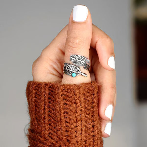 🔥 49% OFF🎁Boho Feather Turquoise Adjustable Ring
