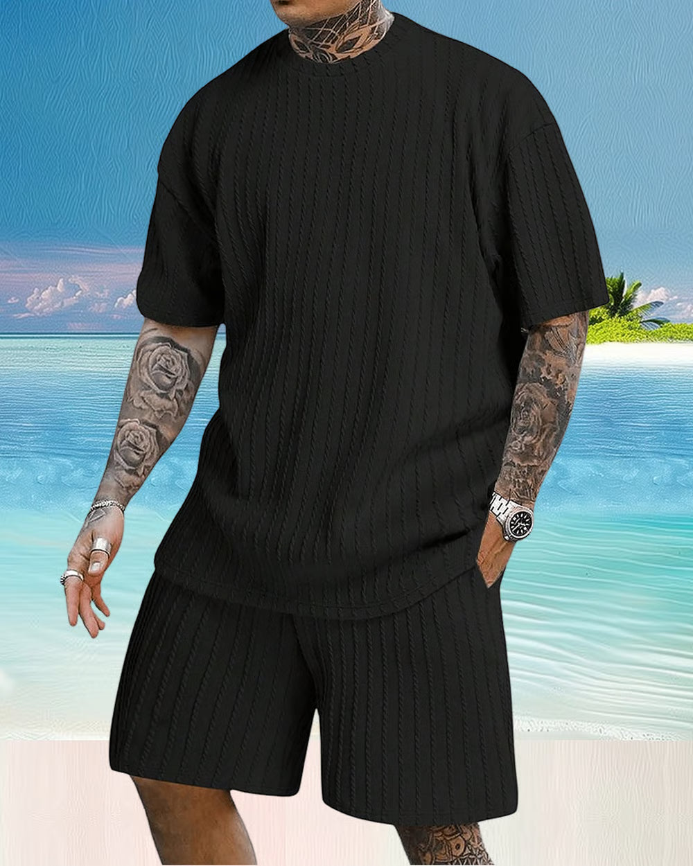Men's Casual Textured Printed Short Sleeve Tee & Drawstring Waist Shorts Set