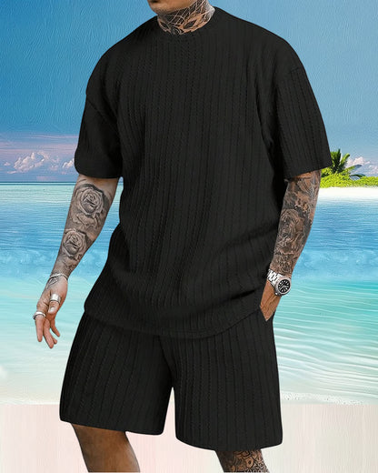 Men's Casual Textured Printed Short Sleeve Tee & Drawstring Waist Shorts Set