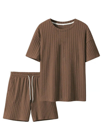 Men's Casual Textured Printed Short Sleeve Tee & Drawstring Waist Shorts Set
