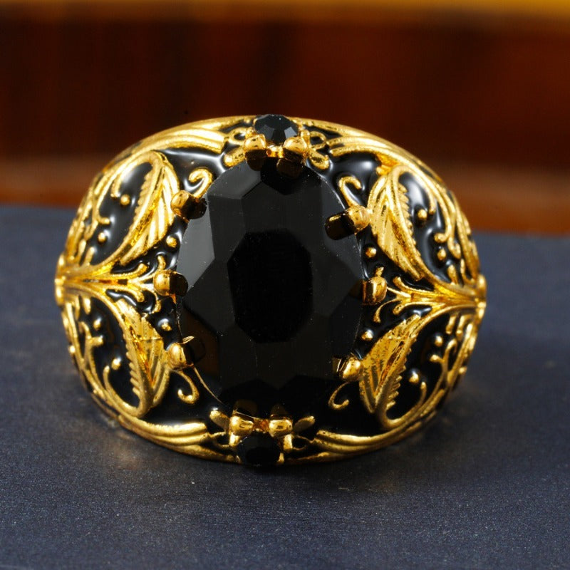 Engraved Mens Black Stone Ring