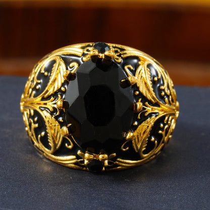 Engraved Mens Black Stone Ring