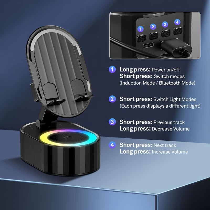 Cell Phone Stand with Induction Speaker/Power Bank/Atmosphere Light